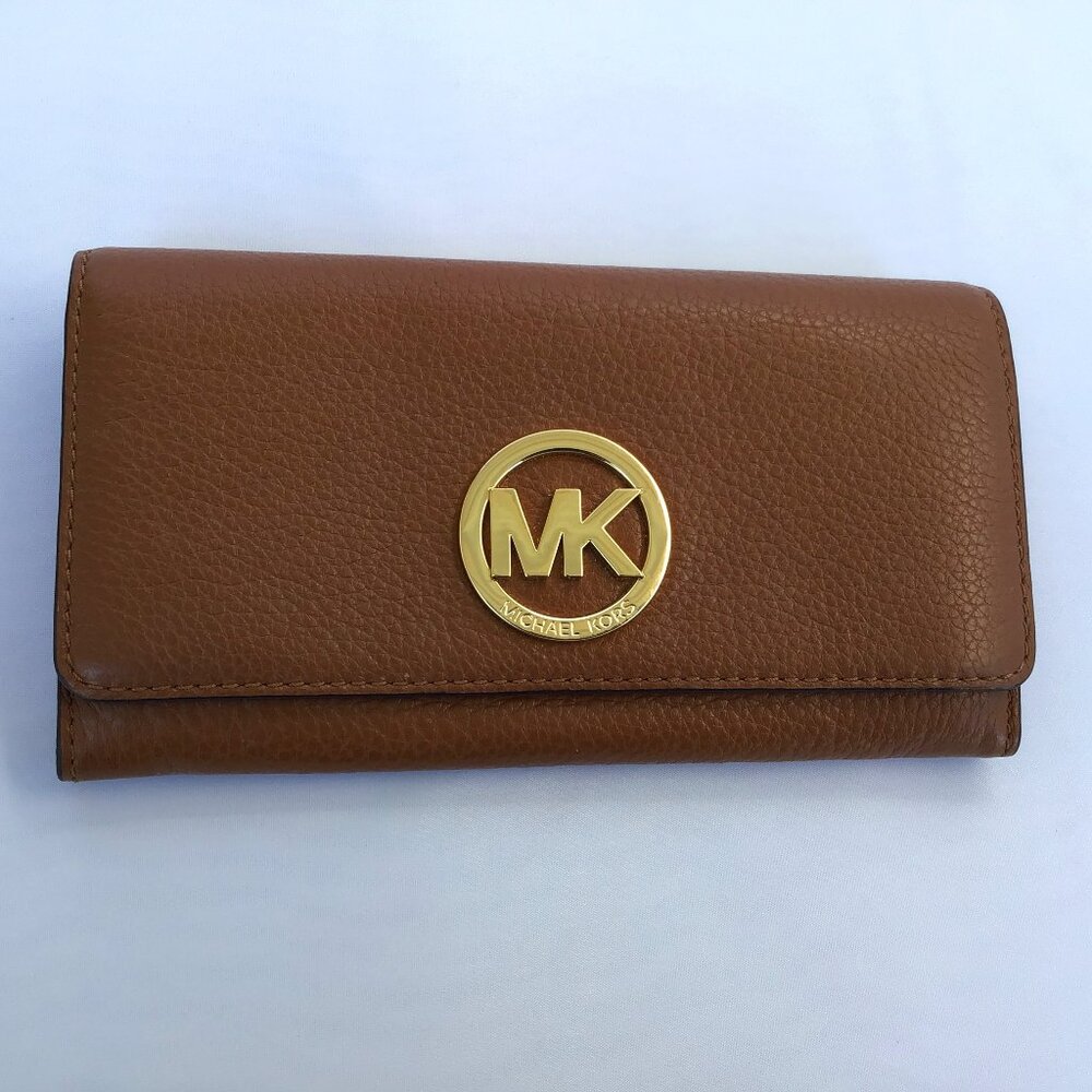 MICHAEL Michael Kors Brown Leather Continental Wallet with Gold MK Logo
